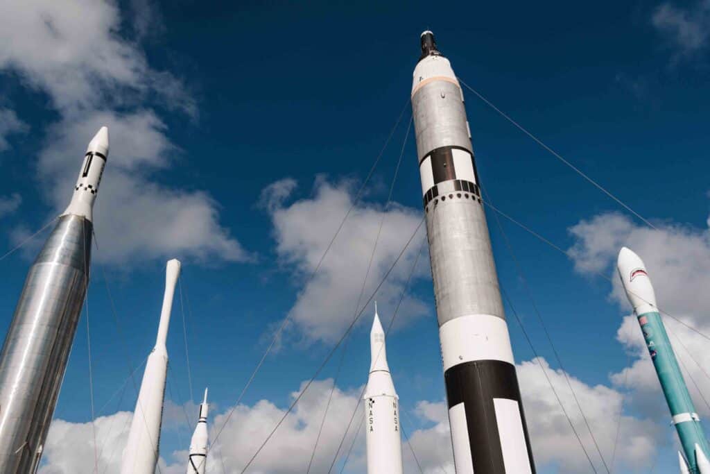 Kennedy Space Center Rocket Garden on a sunny partly cloudy day