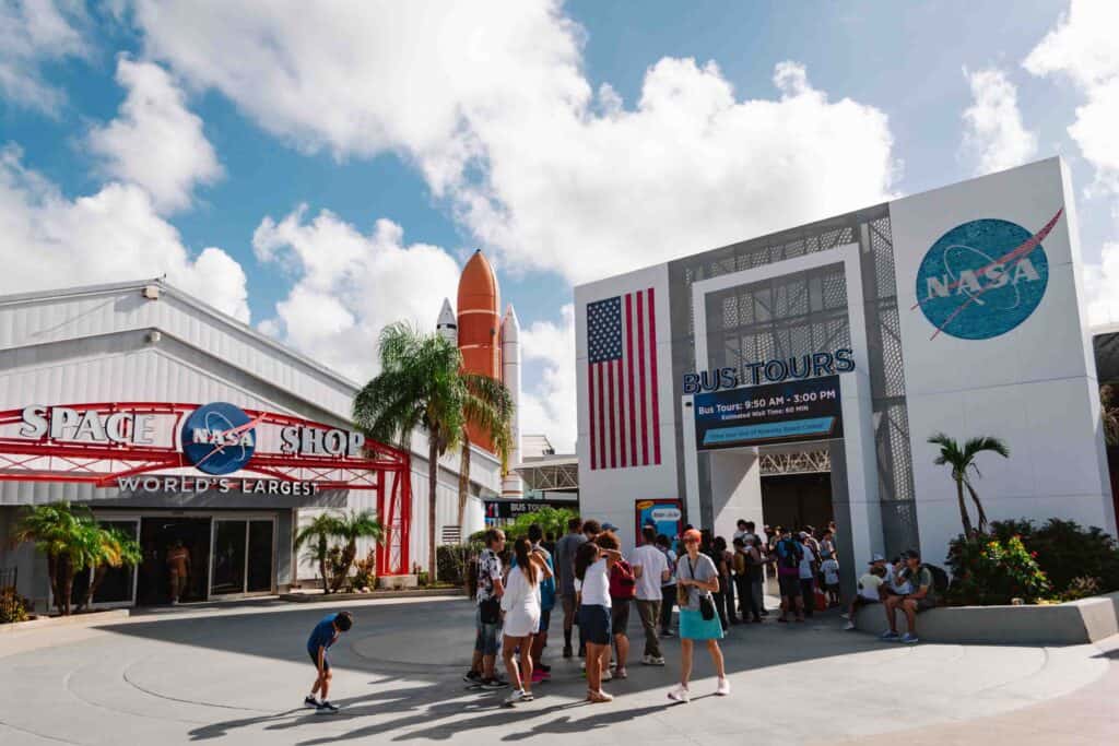 Kennedy Space Center bus tour line mid morning