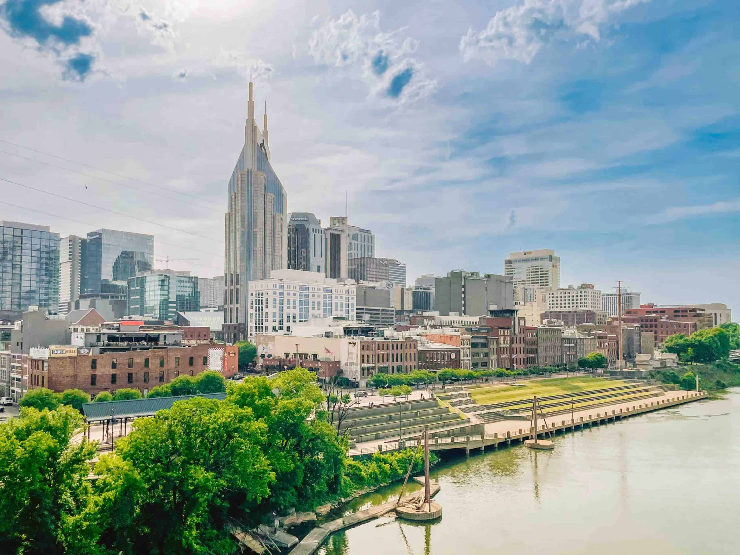View of the Nashville city skyline with the river in the foreground during spring
