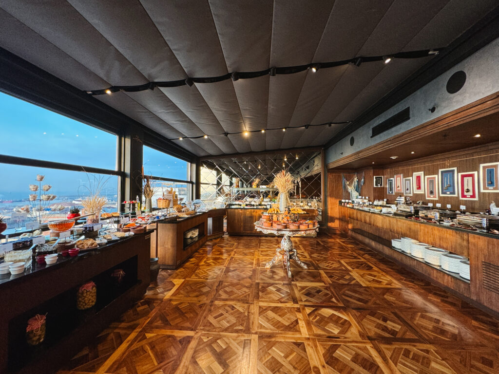 Wide angle view of breakfast buffet in Istanbul at a 5 star hotel