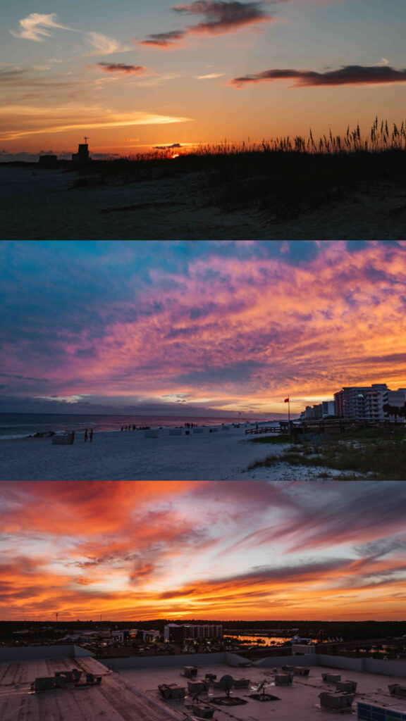Compilation of three images of beach sunsets taken in Gulf Shores and Orange Beach Alabama