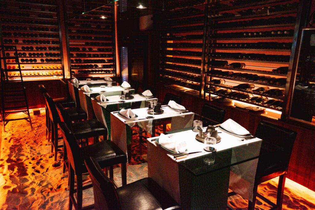 Cheese fondue night set up in the Cheese and Wine Bar at Conrad Maldives