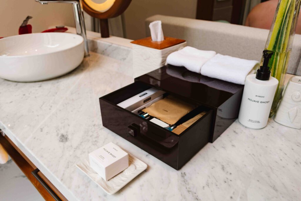 Toiletry amenities that are free in every hotel room at the Conrad Maldives