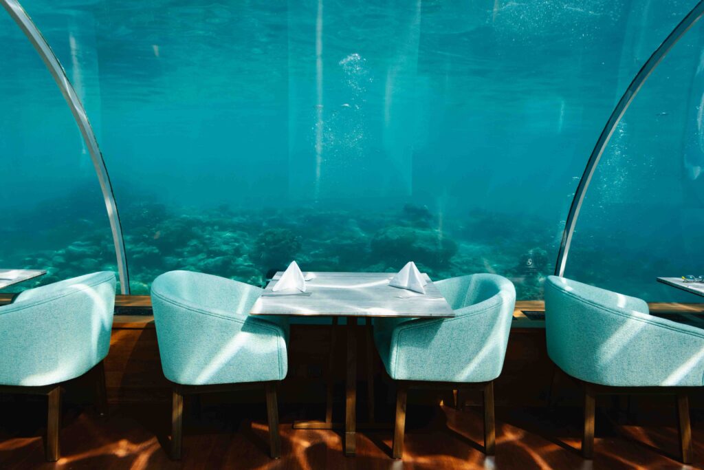 View of table in Ittha, the world's first underwater restaurant in The Maldives