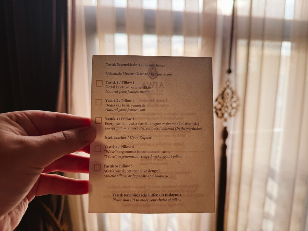 Pillow menu at AJWA Sultanahmet 5 star hotel
