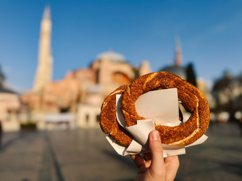 Turkish simit, a sesame bagel type street food that's inexpensive