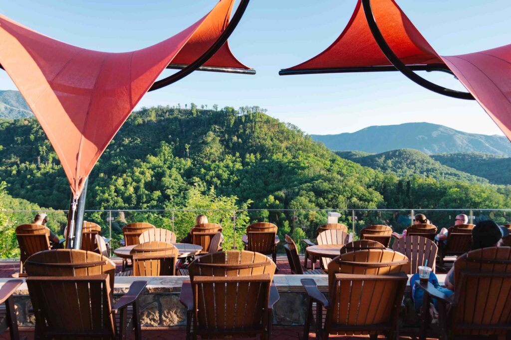 View of Great Smoky Mountains from lines of adirondack chairs
