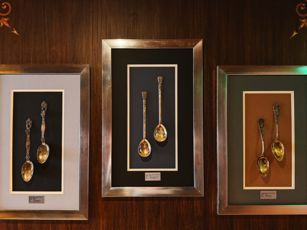 Antique Turkish serving spoons from the Ottoman Empire on display in a restaurant