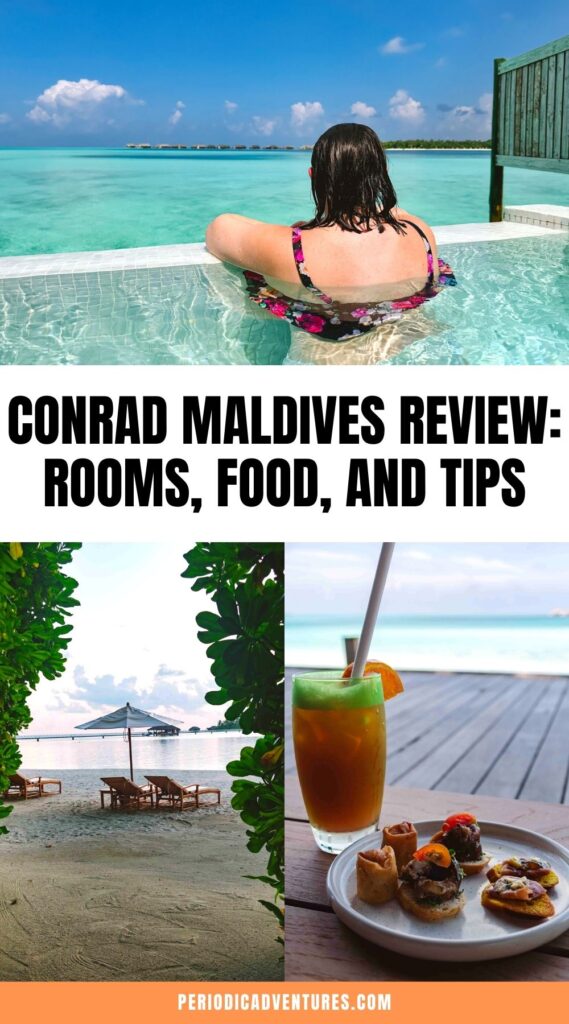 In this Conrad Maldives review, I'm sharing everything you need to know about staying at this 5 star resort in The Maldives including the food, rooms, excursions, spa, and tips to maximize your budget on this once in a lifetime trip!