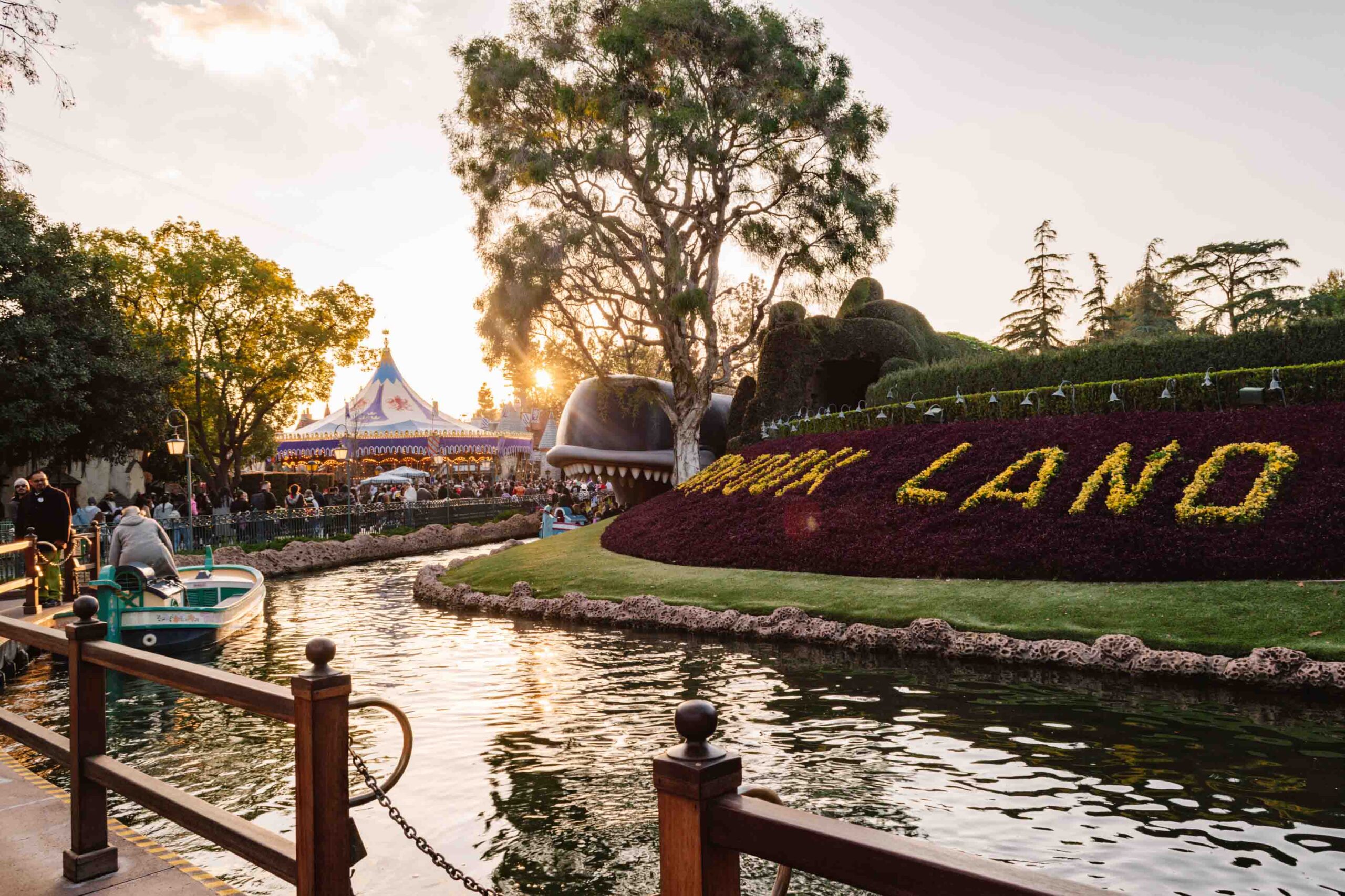 View of Storybook Land canals ride from the front during sunset