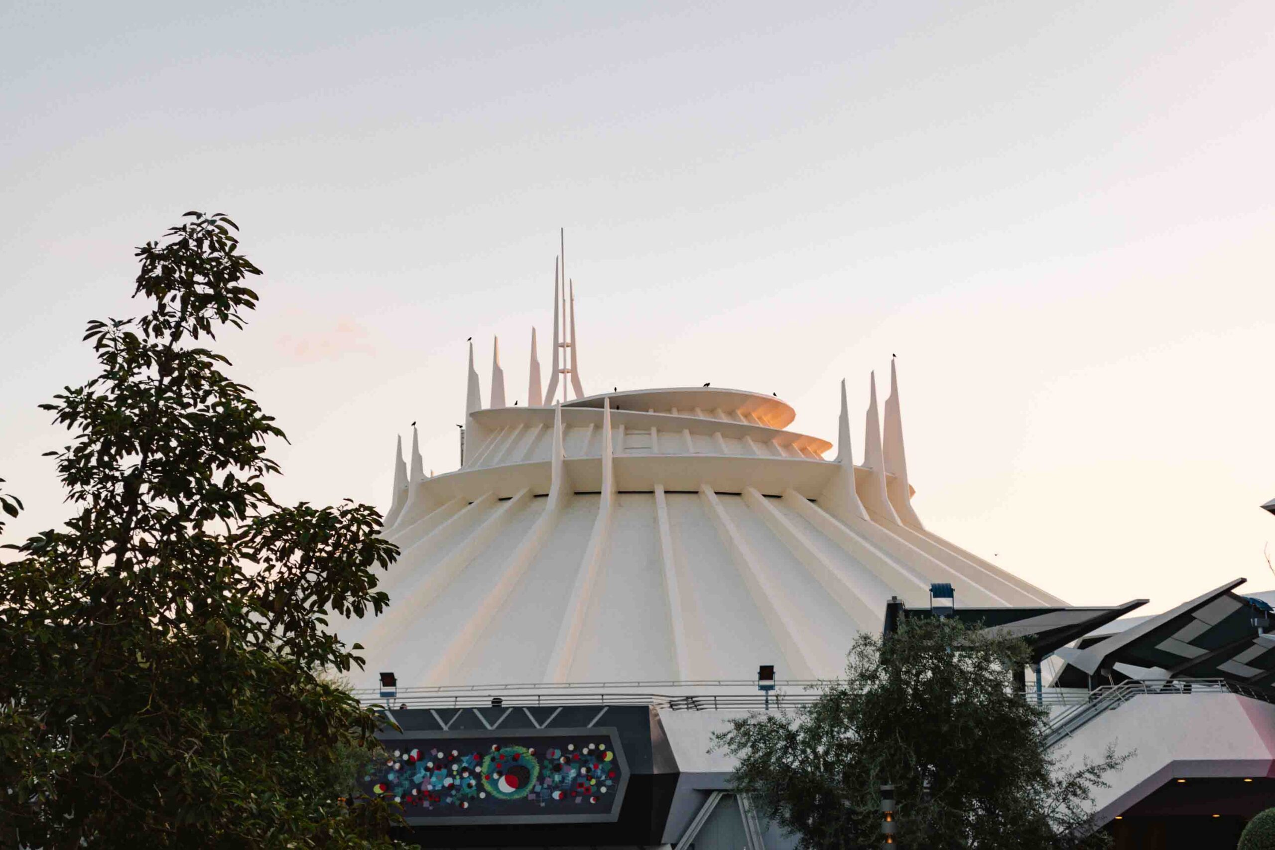View of Space Mountain from the outside at sunset at Disneyland in Anaheim California