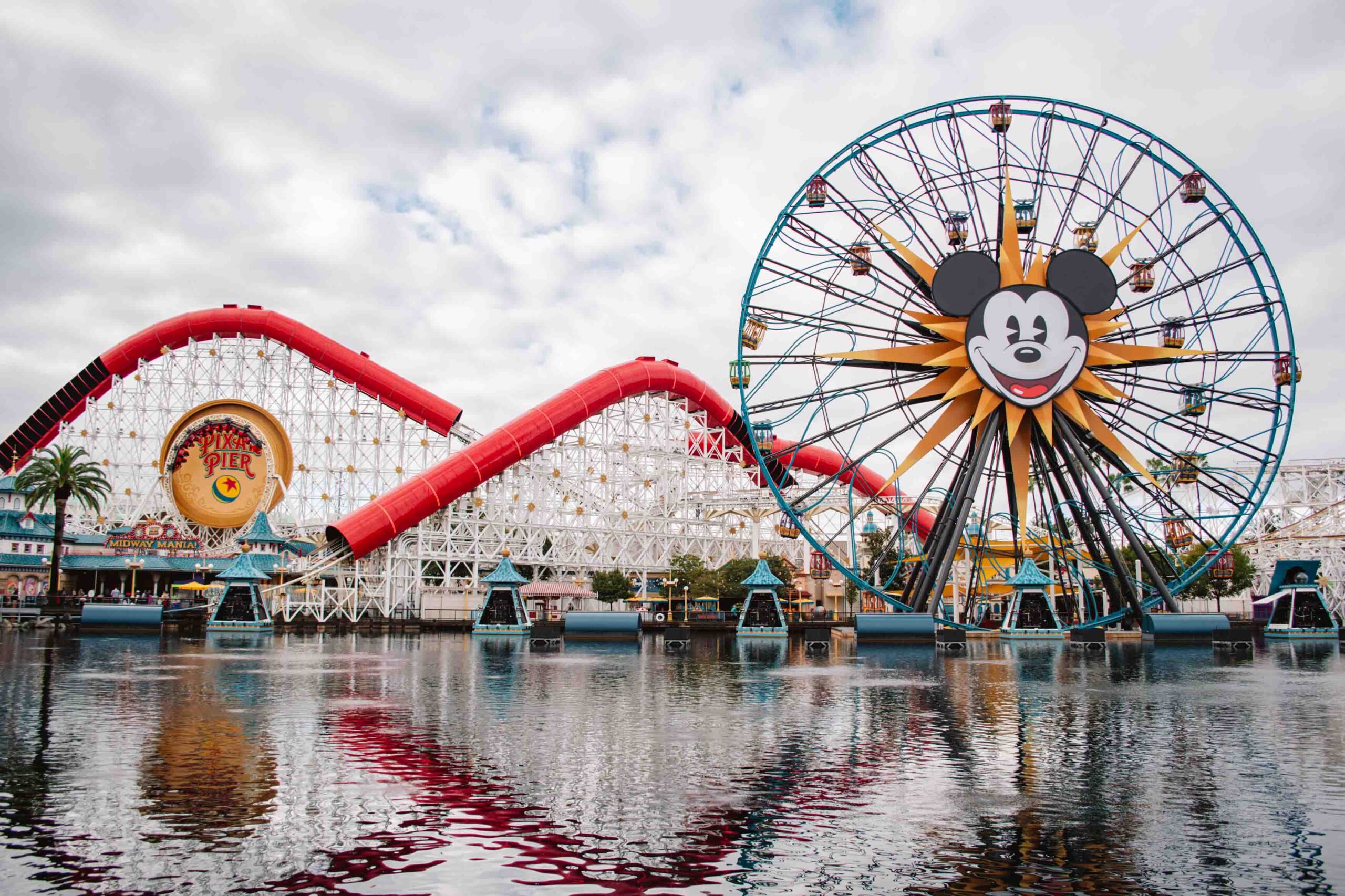 California Adventure lake view of Pixar Pier Pal-a-Round and Incredicoaster on a partly cloudy day