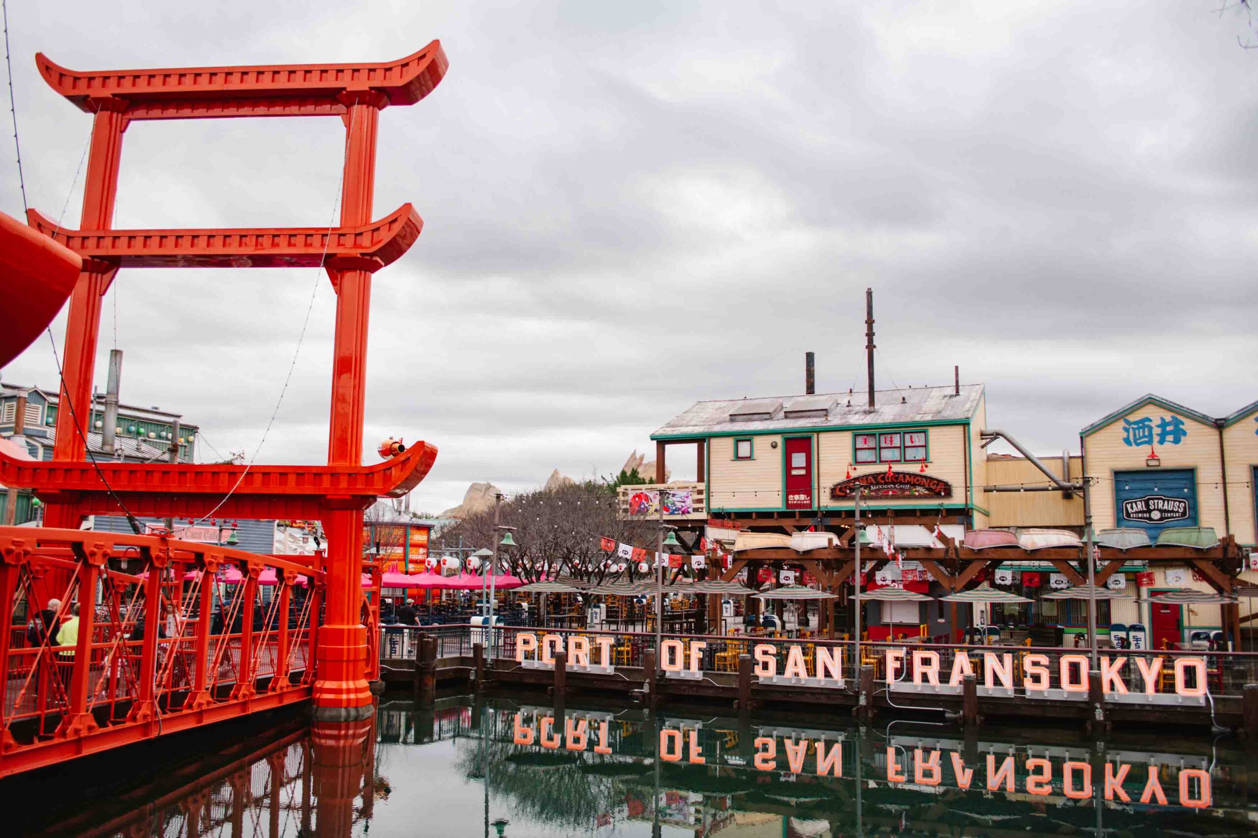 California Adventure San Fransokyo view of the entrance gates that are a mixture of the Golden Gate Bridge and Fushimi Inari Shrine Gates