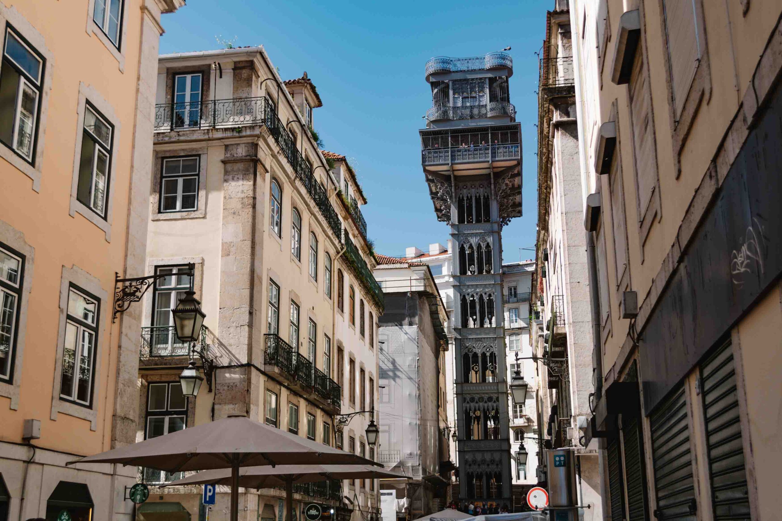 Santa Justa Lift from the ground in Lisbon on a clear sunny day