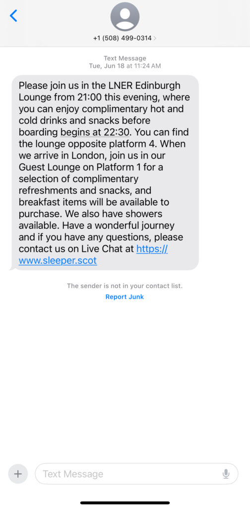 Screenshot of text from Caledonian Sleeper indicating the receiver can access an LNER lounge in Edinburgh Waverly station