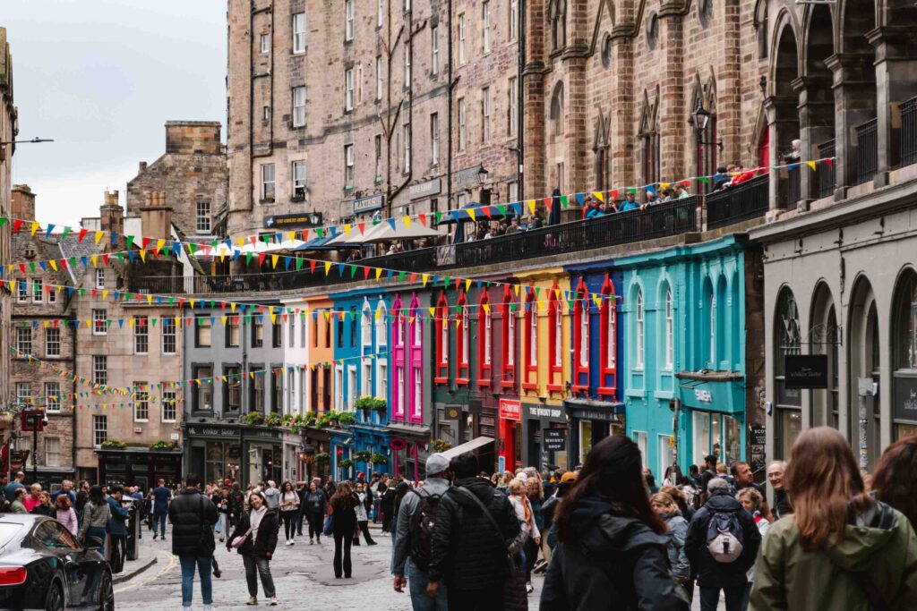 Rainbow colored shop fronts in Edinburgh