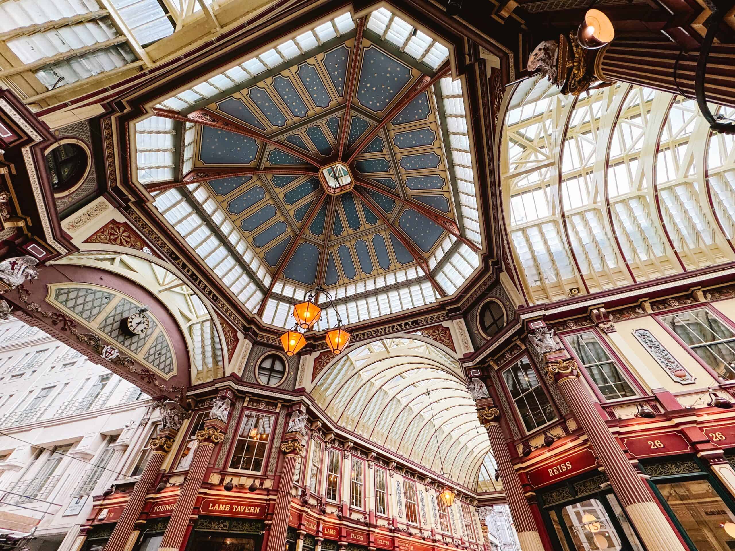 View of the ceiling in Leadenhall Market in London during the day