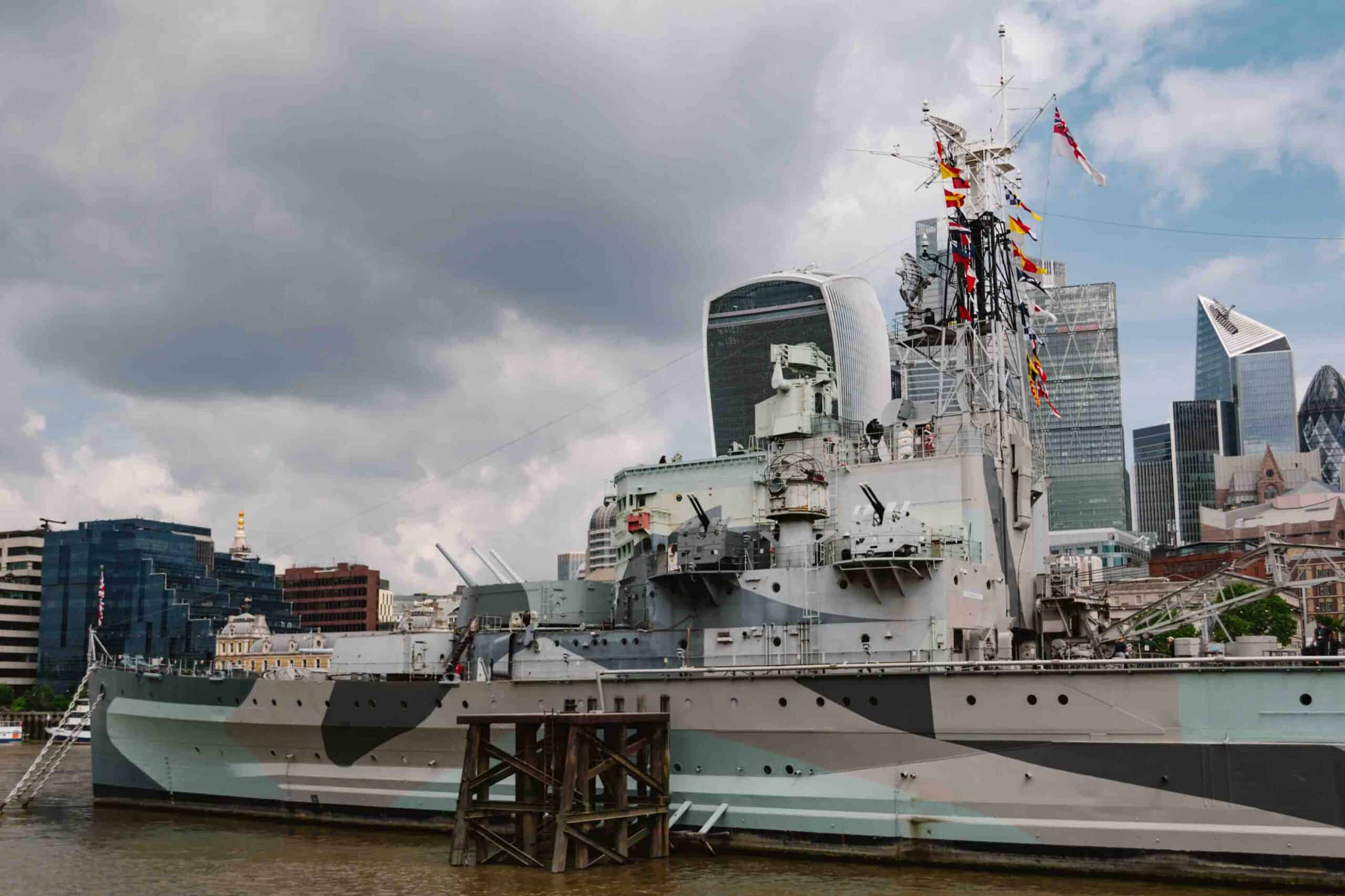 View of the side of the HMS Belfast military ship