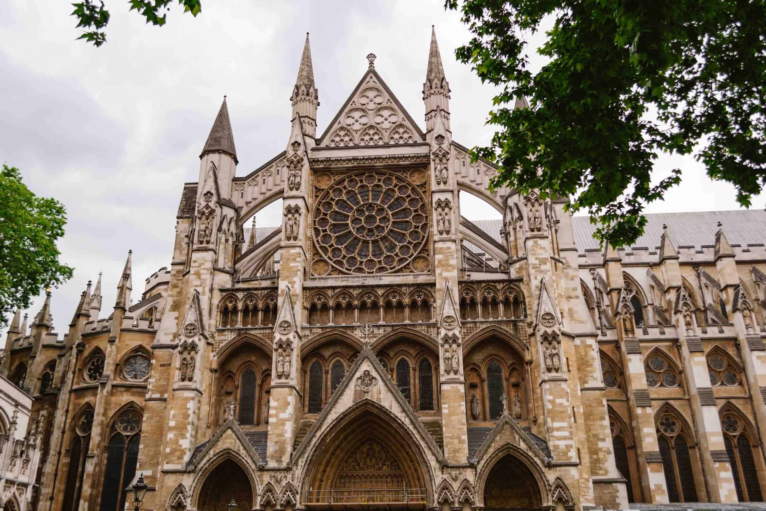 Exterior view of Westminster Abbey in London where royalty is crowned and wed