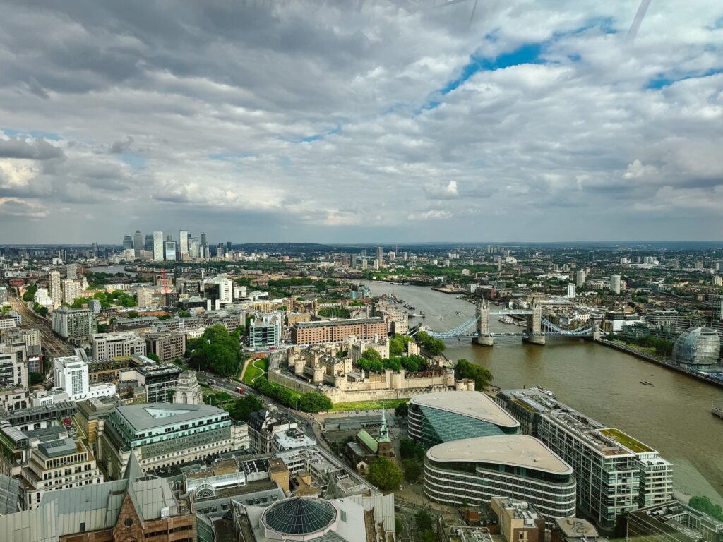 Sky Garden view of London from the observation deck garden with Tower Bridge and Tower of London below