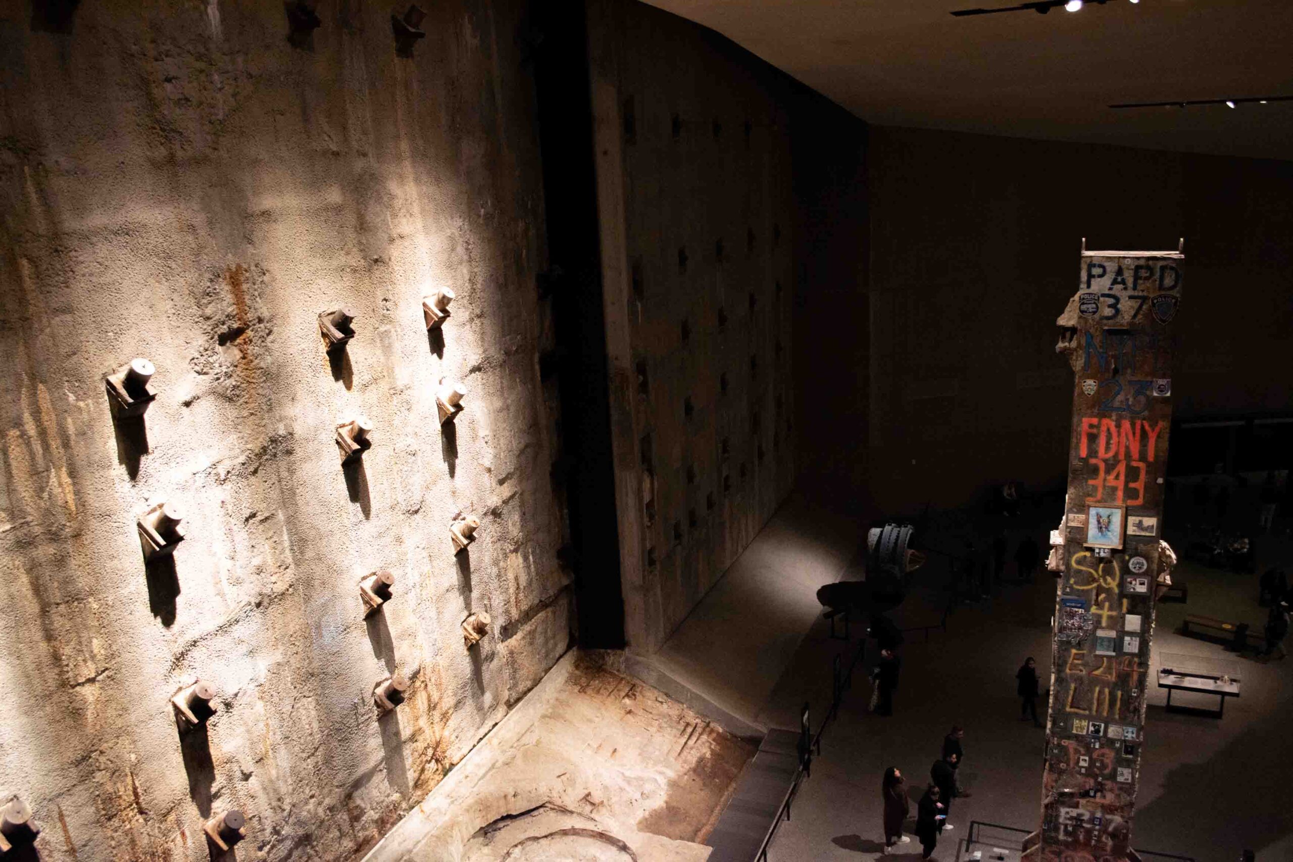 Inside of the 9/11 Museum in New York City which is built underground where the base of the Twin Towers once stood