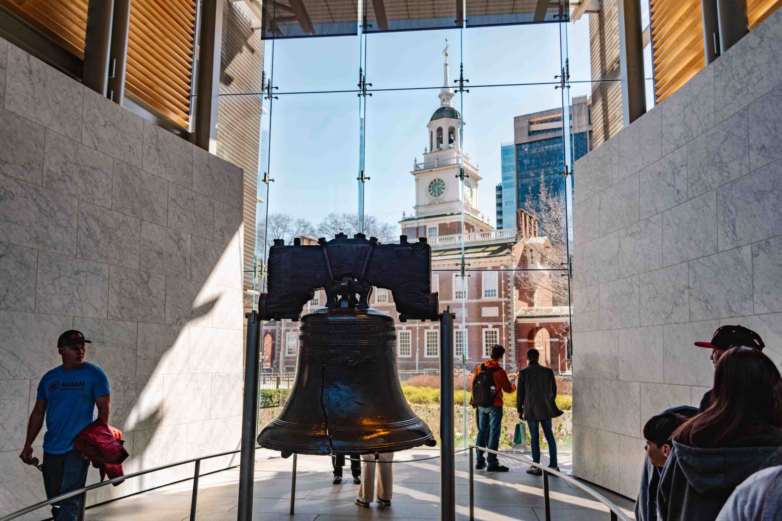 Inside of the Liberty Bell Center with Independence Hall in the background