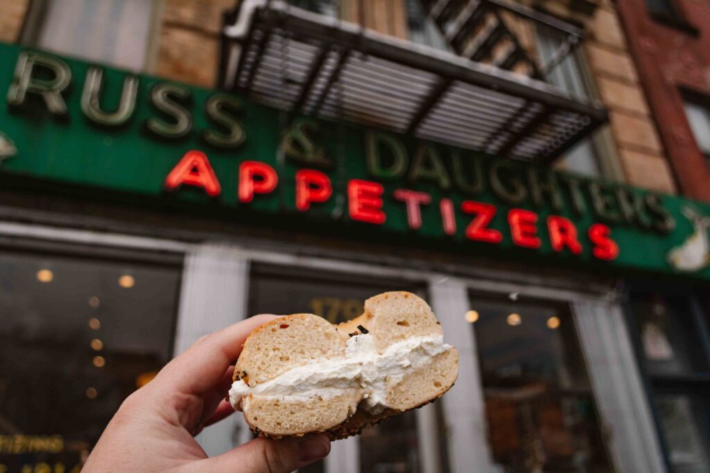 enjoy a New York style bagel, shown here, from Russ & Daughters, one of the original appetizing shops in the city