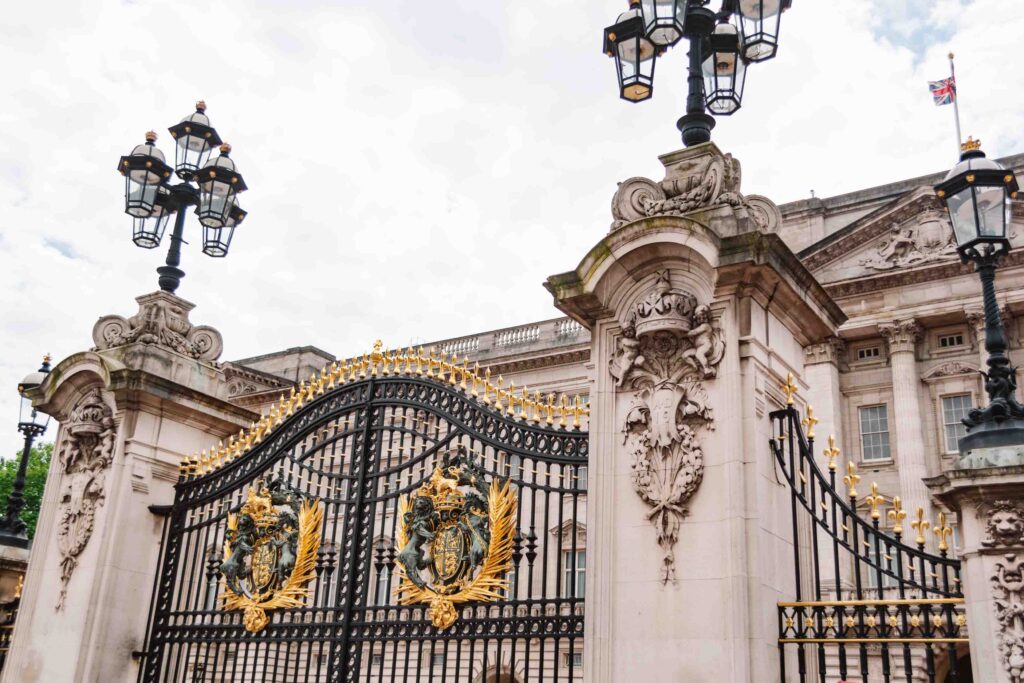 Exterior of Buckingham Palace on a cloudy day