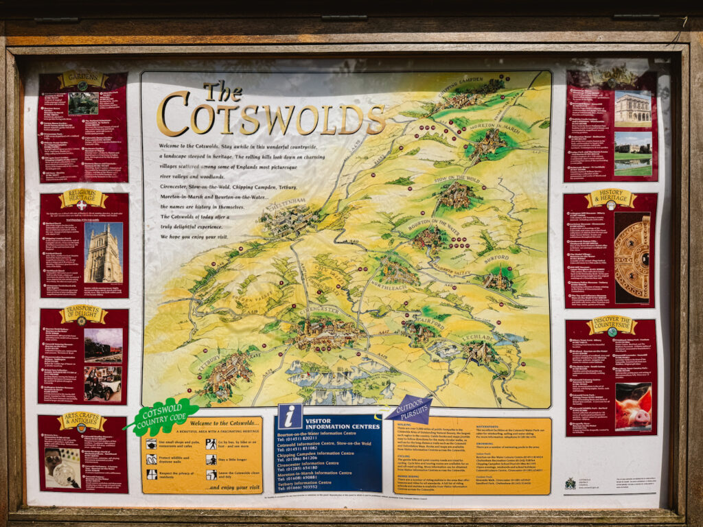 Paper map on display in town that shows The Cotswolds in the UK with all the towns in the region