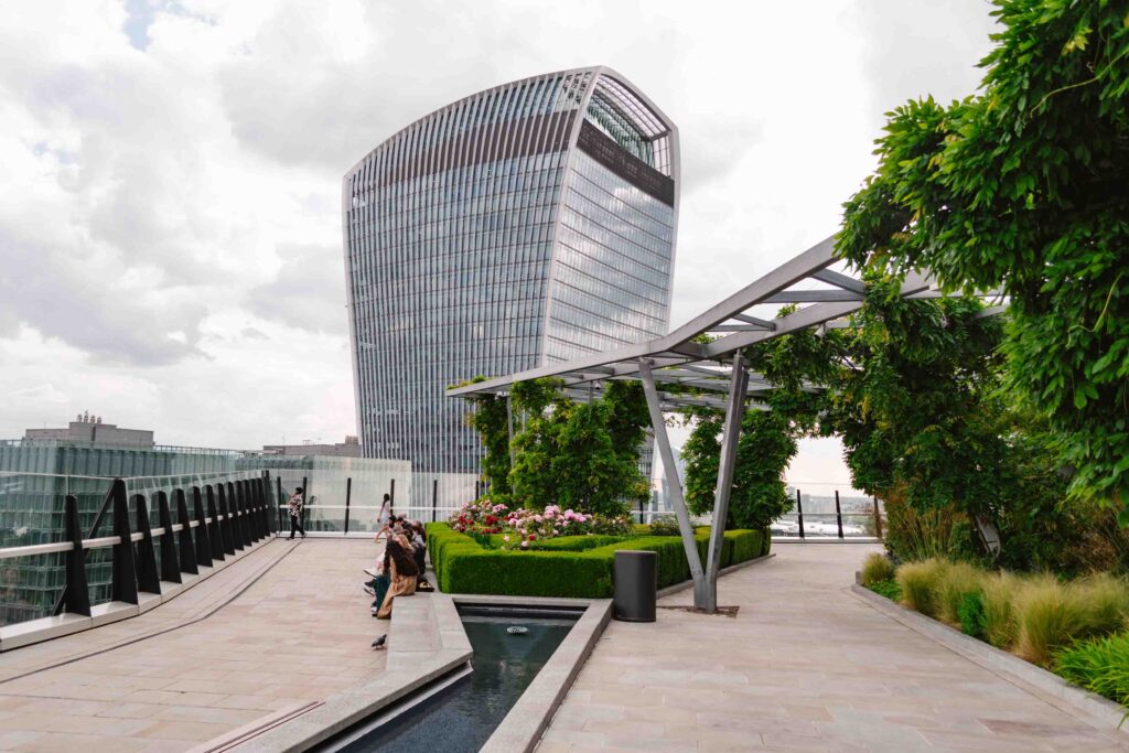 Garden at 120 in London, a rooftop garden with a fountain, city views, and plants