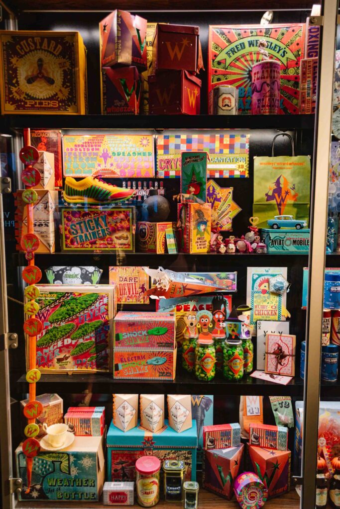Weasley Wizard Wheezes products in a display case shelf