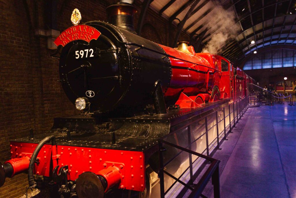 Hogwarts Express train stationed permanently at the Warner Bros Studio Tour in Watford UK