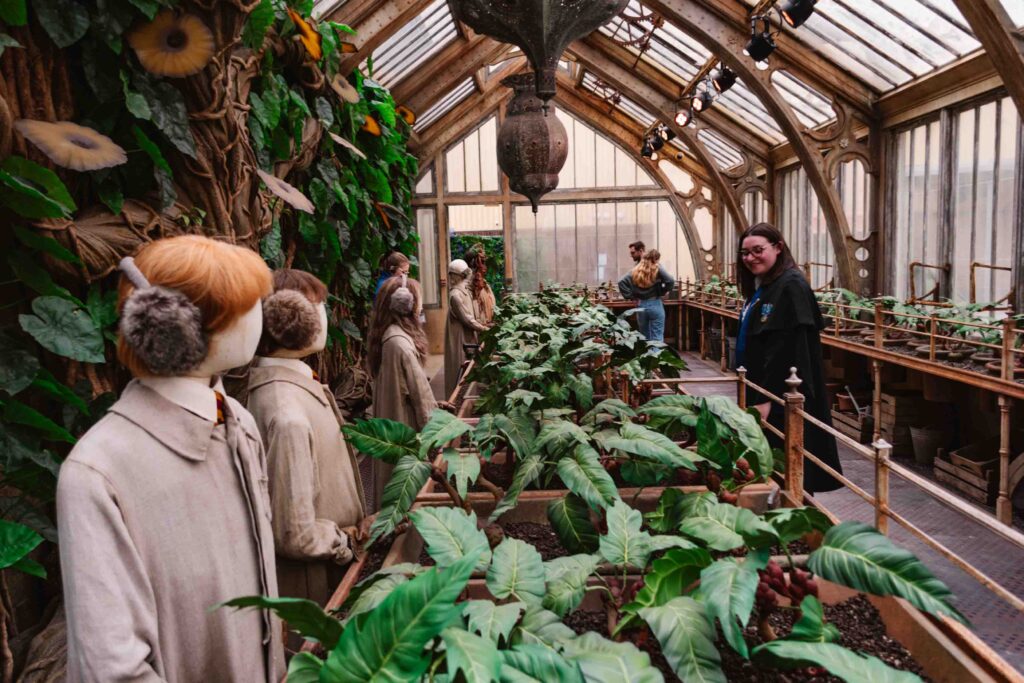 Woman walking through the Hogwarts Greenhouse set with mandrakes and student costumes on mannequins complete with earmuffs