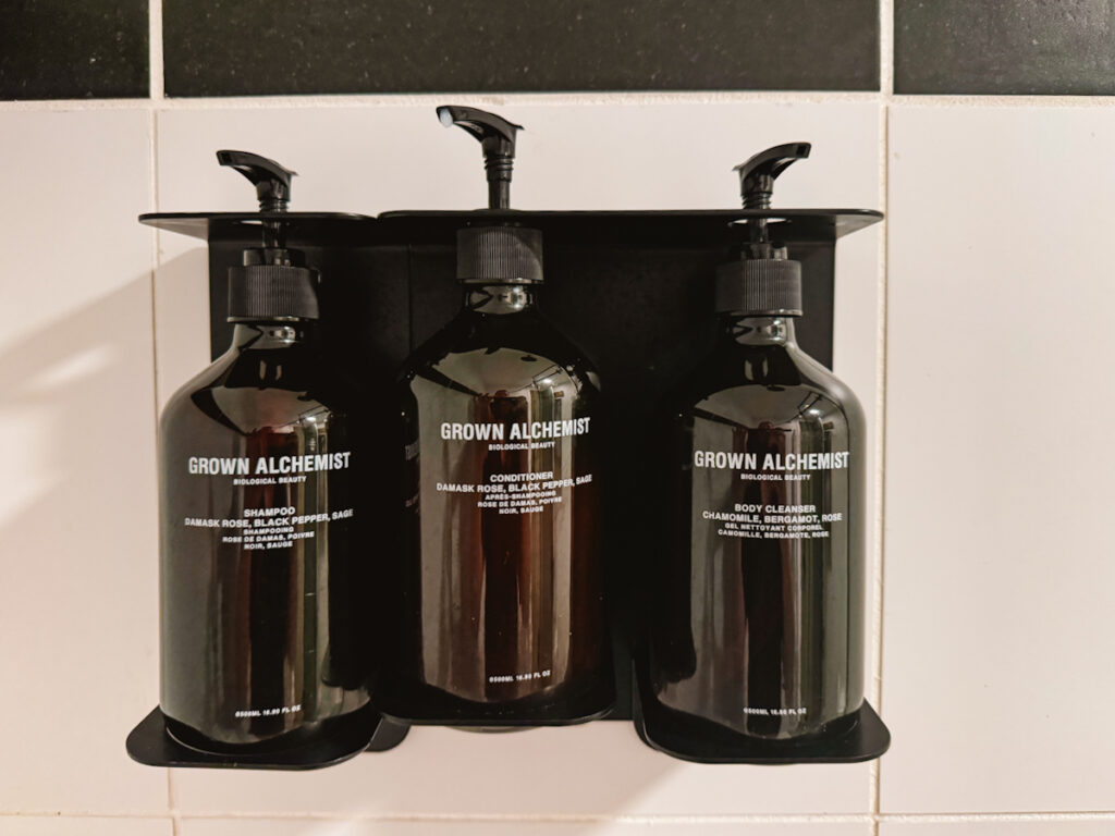 Grown Alchemist shower gel, shampoo, and conditioner, provided at the Historic Rocky Waters Motor Inn