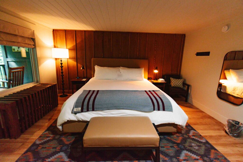 Head on view of king size bed at Rocky Waters Inn