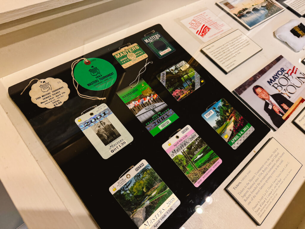 Augusta Golf Club hosts the Masters Tournament, where tickets are shown here