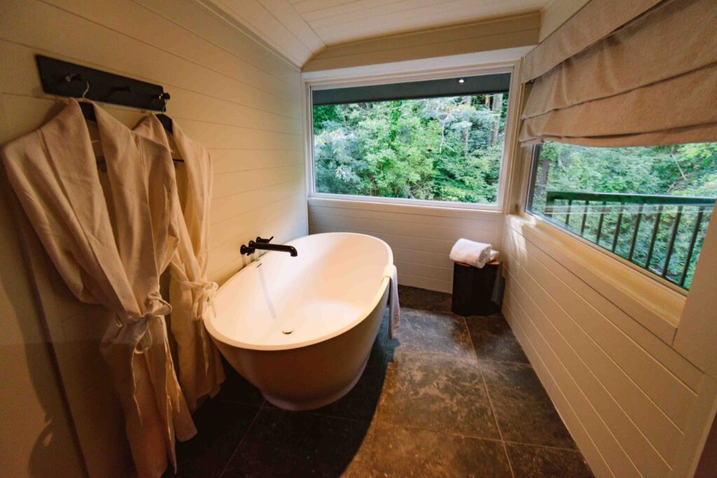 Corner of hotel room with soaking tub against windows looking out at mountain trees
