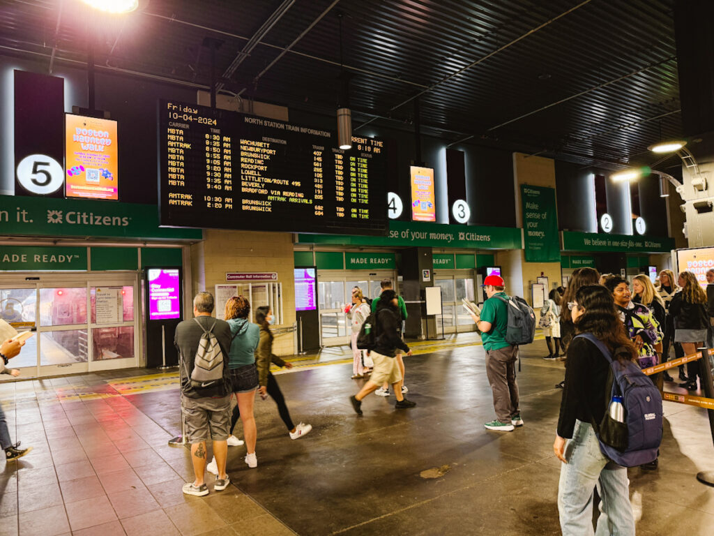 catch the Newburyport/Rockport commuter rail to Salem where you'll watch the timetable board shown here to see which platform your train is at