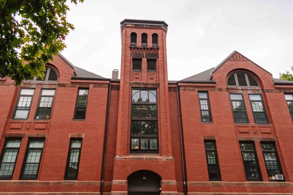 Exterior of red brick school building used as a filming location for the Disney film Hocus Pocus