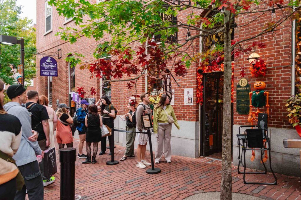 Salem in October with lines outside shops
