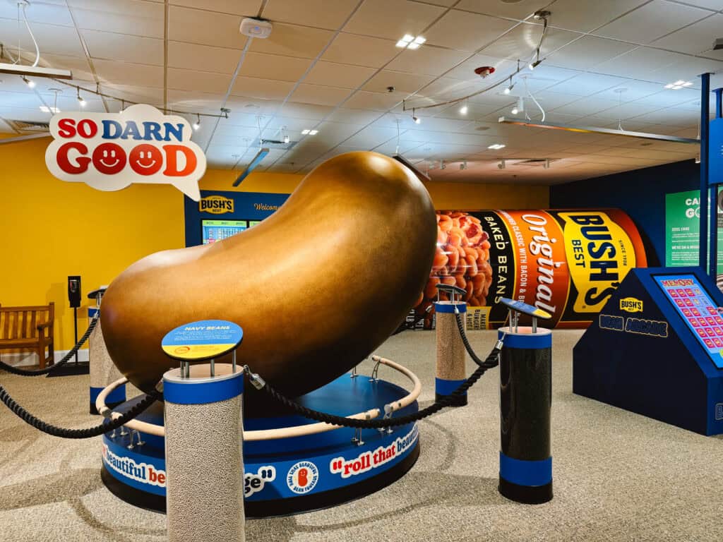 Free Bush's Beans Museum in East Tennessee with a giant bean in the middle and can of Baked Beans in the back