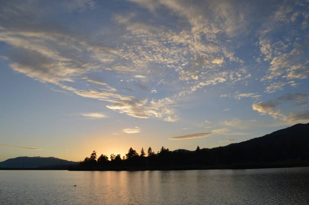 View of sunset over Big Bear Lake in California