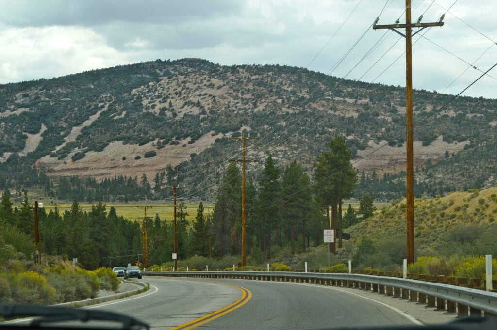 View through front windshield of California roads