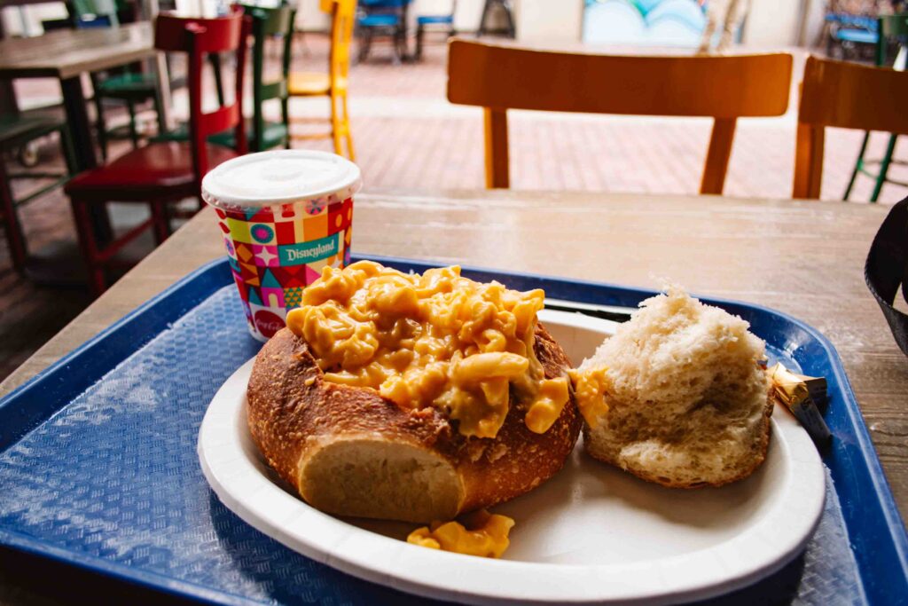 Mac and cheese in a bread bowl from Aunt Cass Cafe in California Adventure, a great meal on a rainy day at Disney