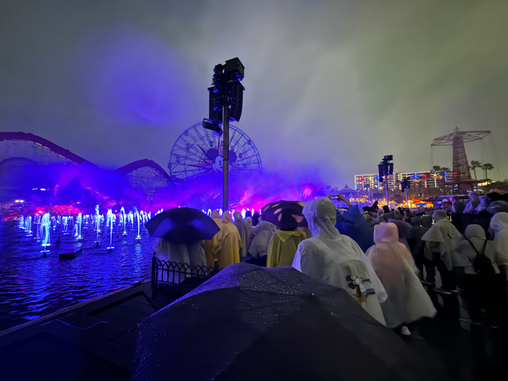 Group of people in rain gear like ponchos, jackets, and umbrellas standing outdoors in the rain watching the World of Color water show at night in California Adventure