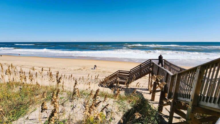 Boardwalk going down to the east coastal beach in Kill Devil Hills, Outer Banks, NC