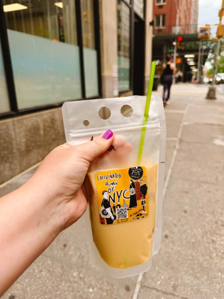 787 Coffee's coquito latte, which is in a bag because it's iced