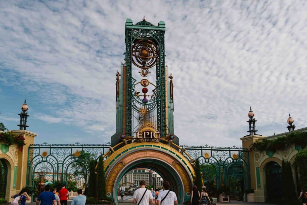 View of main Epic Universe portal at the entrance to the park
