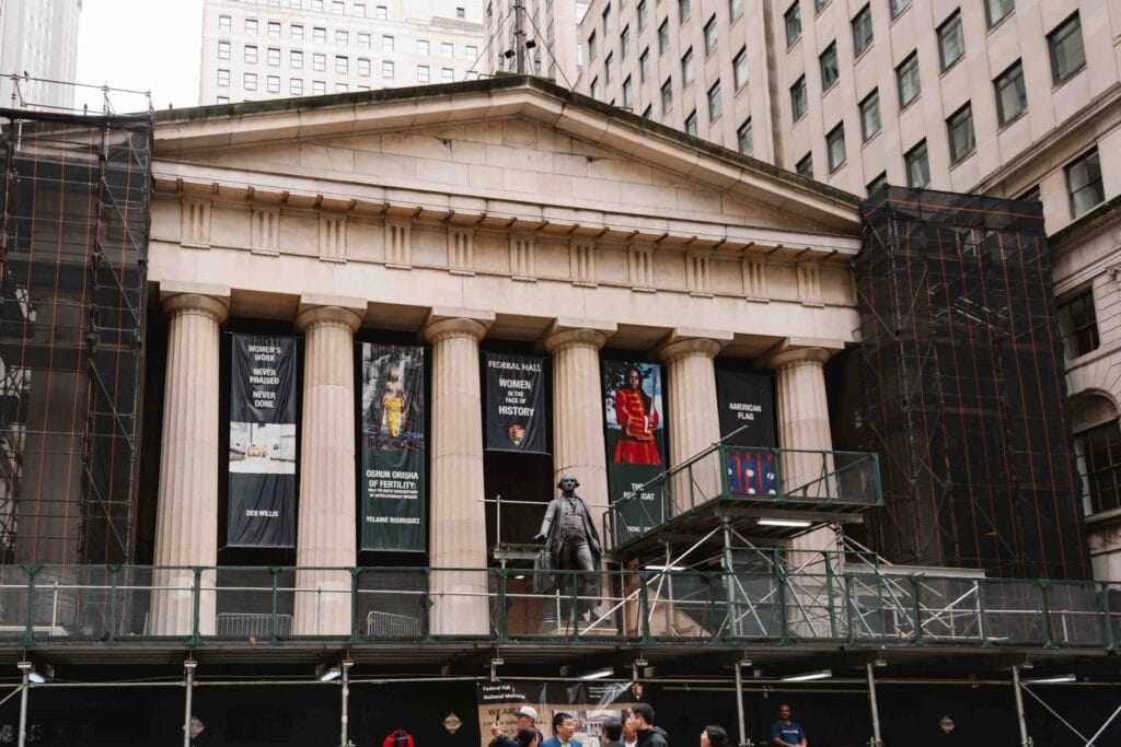 One of the best free things to do in Lower Manhattan is Federal Hall, shown here under construction, where George Washington was inaugurated.