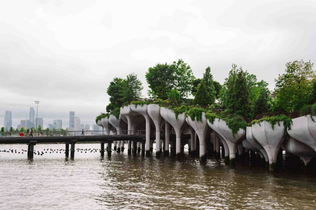 Artificial island on the Hudson River attached to Manhattan, called Little Island, a great place for a rest in NYC when sightseeing
